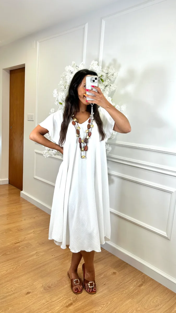 Vestido Midi oversize com folho na manga Branco - Image 2